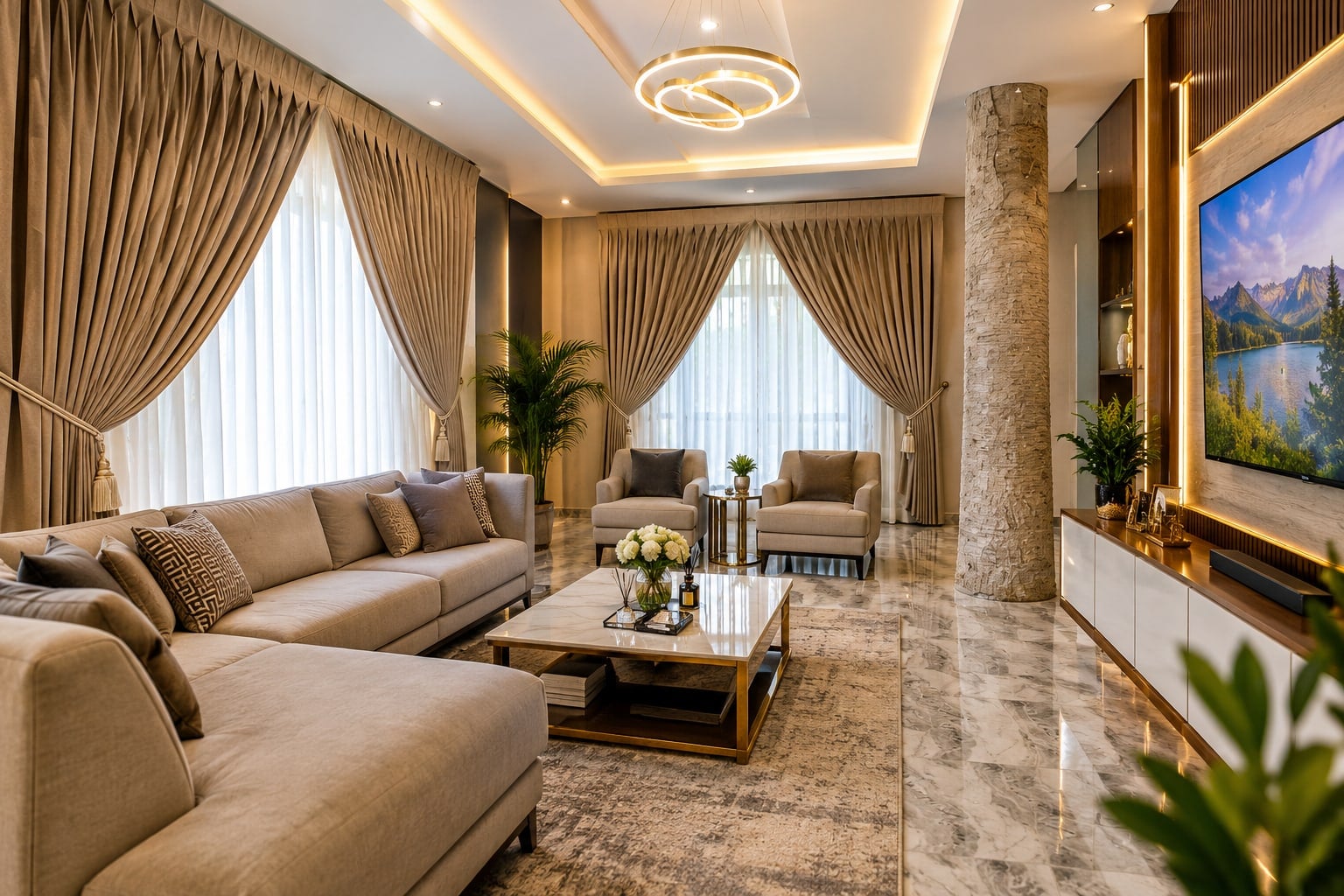 Living room dressed with floor-to-ceiling pinch-pleat curtains, tie-backs and sheer voile