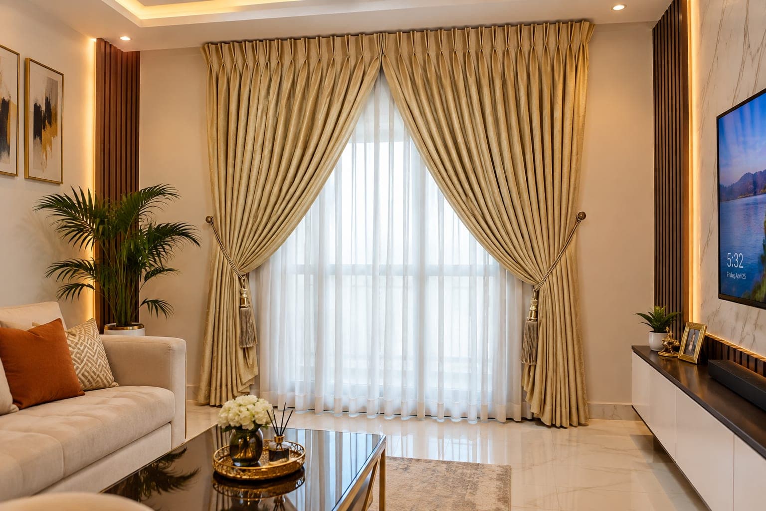 Gold pinch-pleat curtains with a tasselled tieback over white sheers in a living room