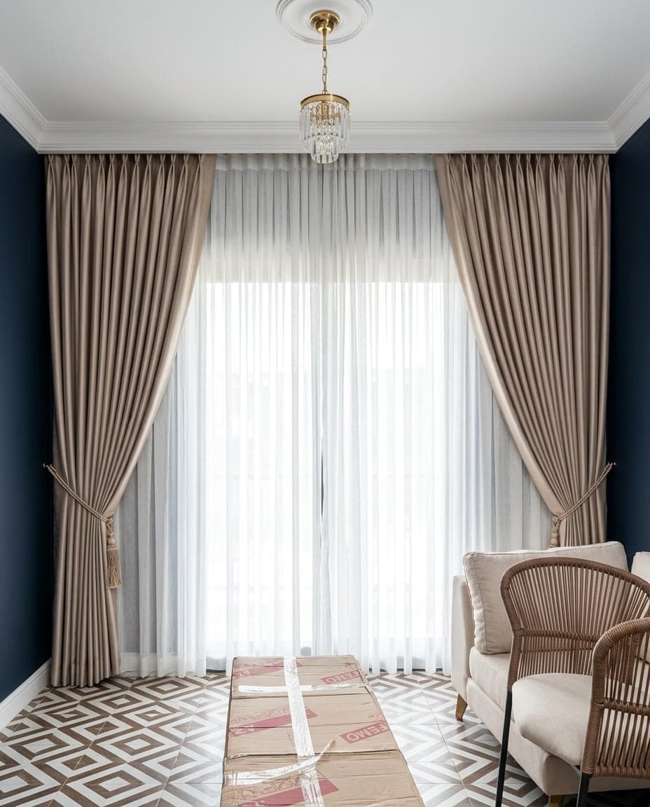Freshly pressed taupe curtains and full-length sheers rehung on a wide window